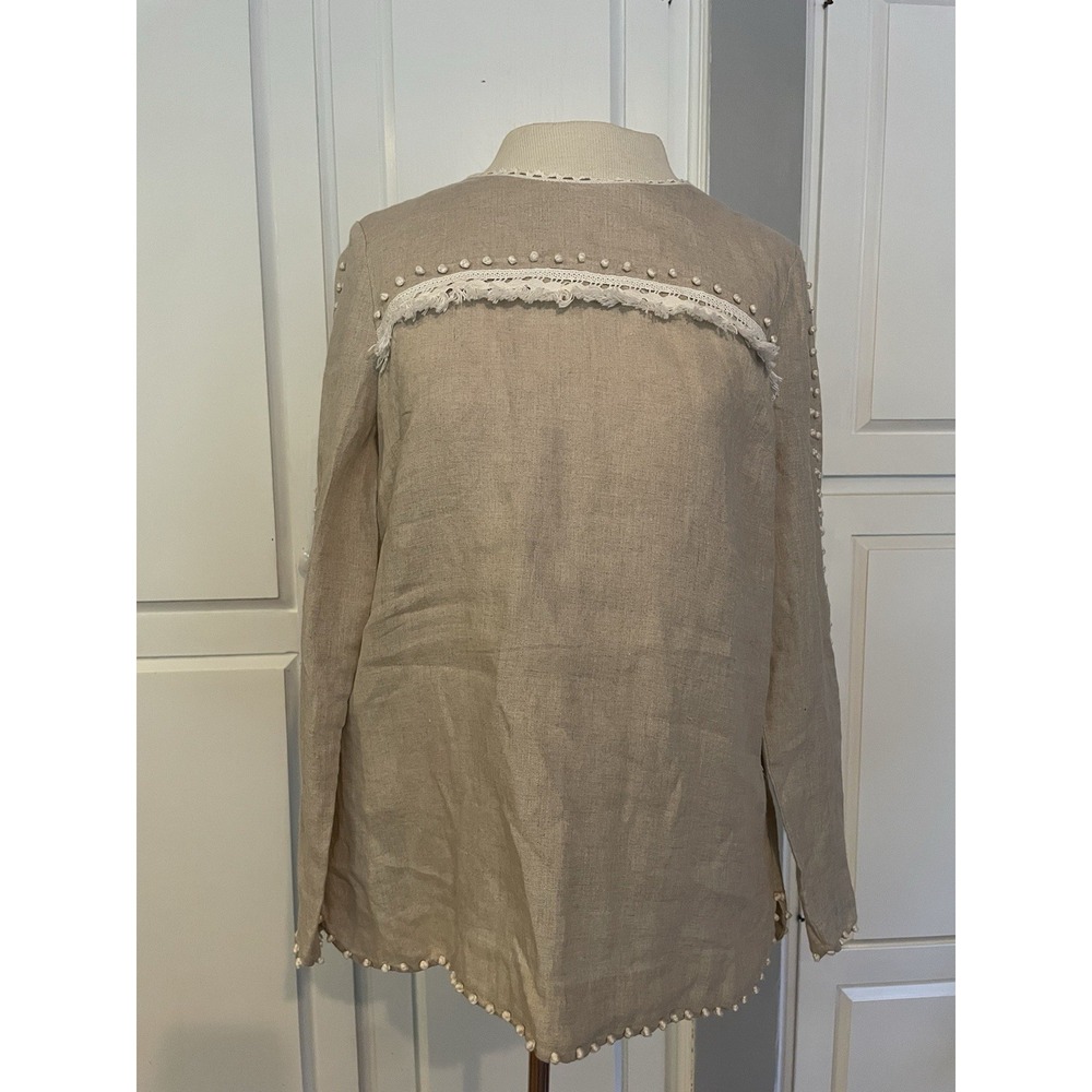 J. Crew 100% Linen Top 4 Embroidered French Knot Pom Fringe Details Womens Tunic